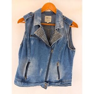 Dolled Up Womens Studded Denim Moto Vest Medium Wash Distressed Blue Large